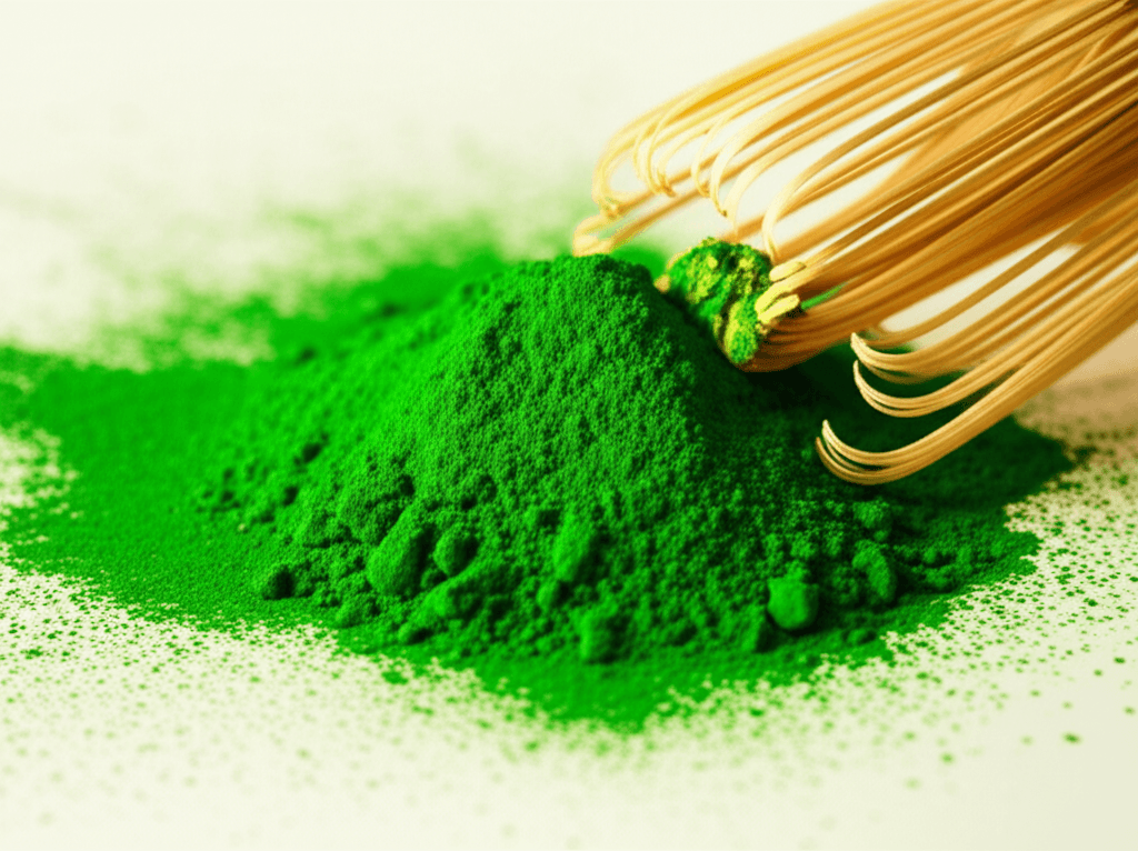vibrant green matcha powder with bamboo scoop